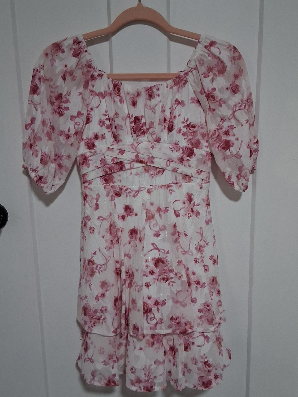 Speechless White Dress with Pink Floral Print and Puff Sleeves